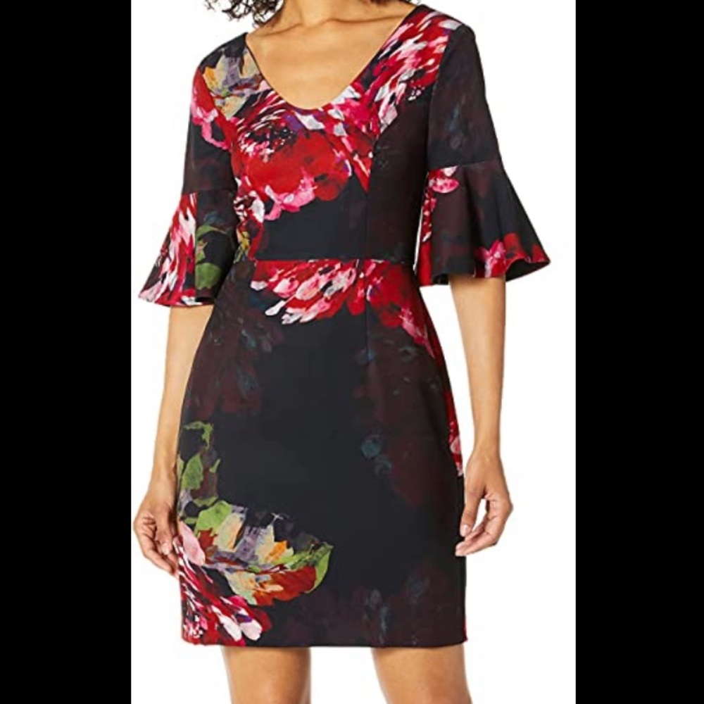 Trina‎ Turk Black & Red Trousdale Floral Float V-neck Ruffles Sleeve Dress NWT 4